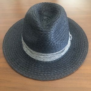 NWT Kallina Black Straw Hat With Black & White Striped Band & Metal Butterfly